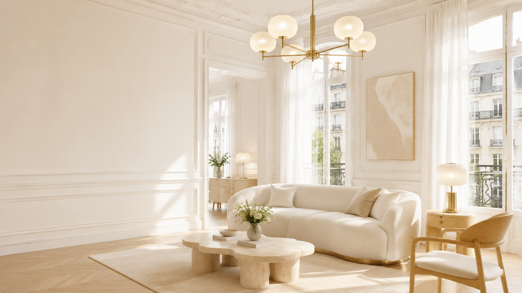 Sunlit French dining room with a sculptural pendant