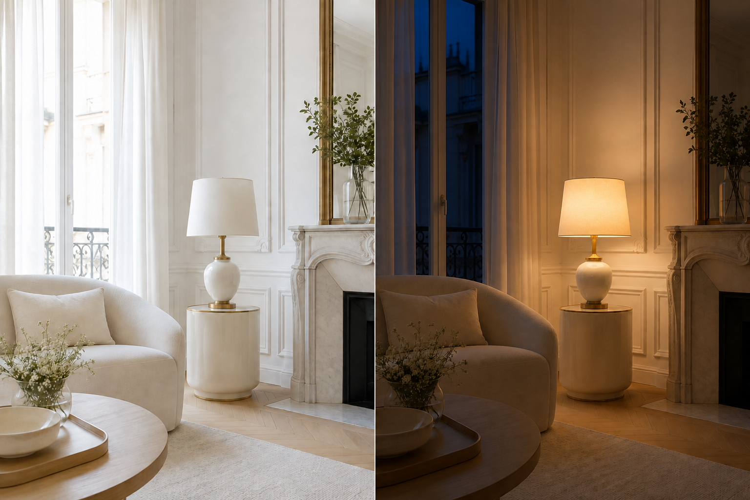 The same bright room with a lamp off and softly illuminated