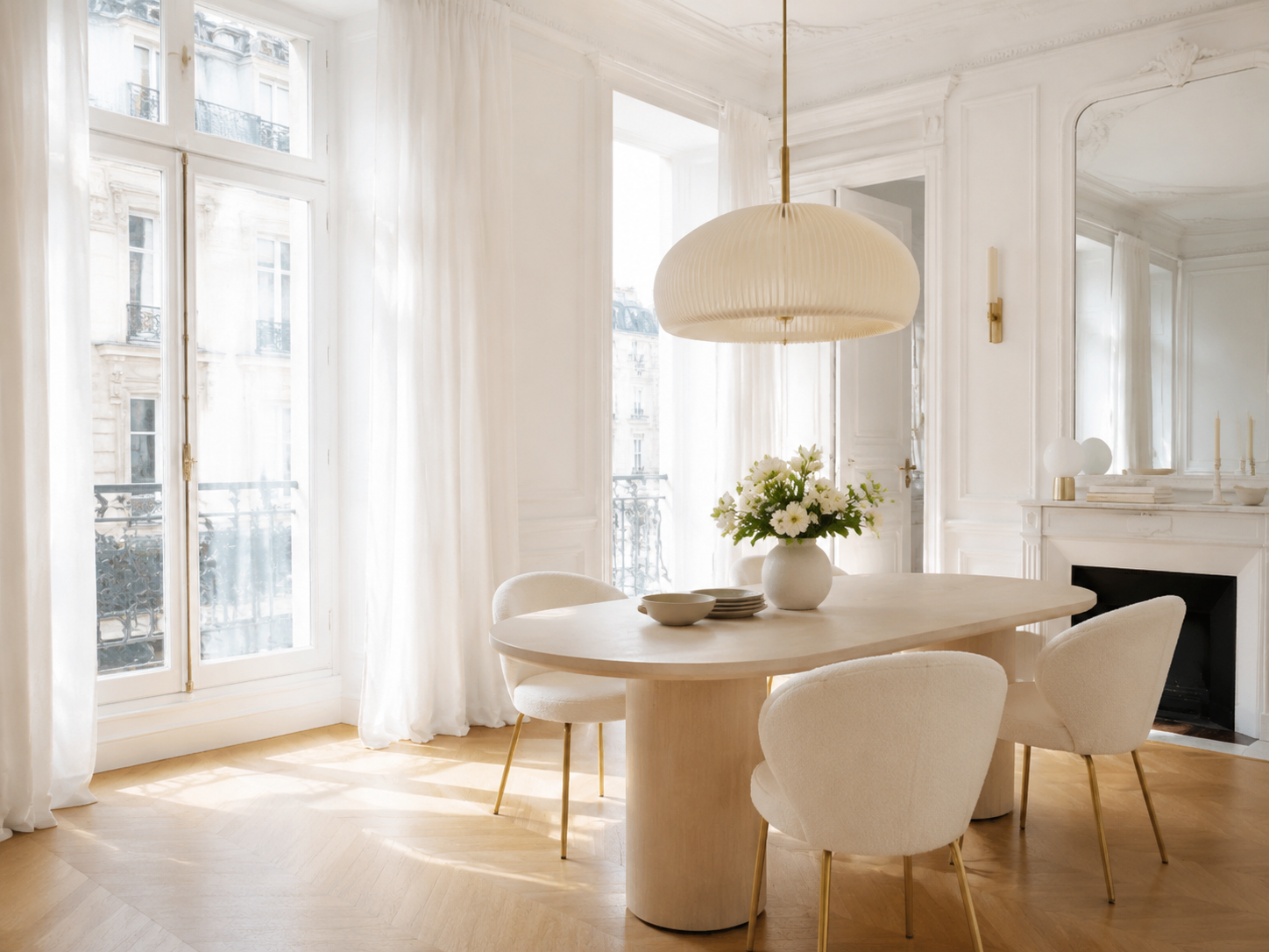 Bright French contemporary living room with elegant lighting