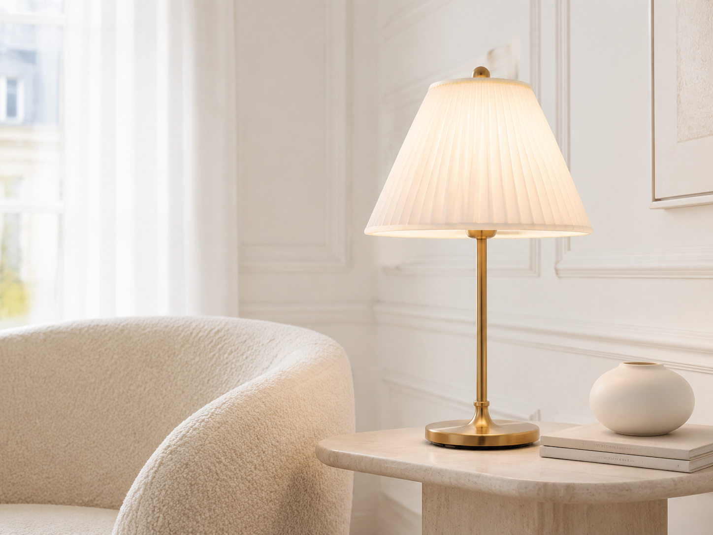 Pleated ivory table lamp in a bright interior