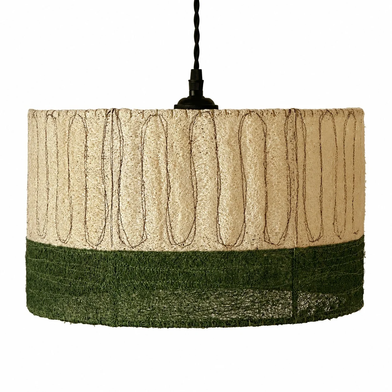 Natural loofah fiber pendant shade in beige and moss green