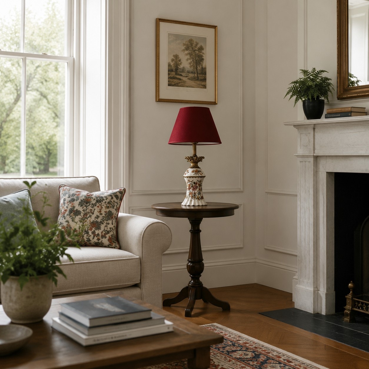 Red ceramic table lamp beside an armchair in daylight