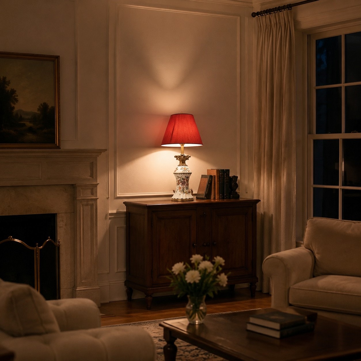 Red bedside table lamp glowing in an evening room