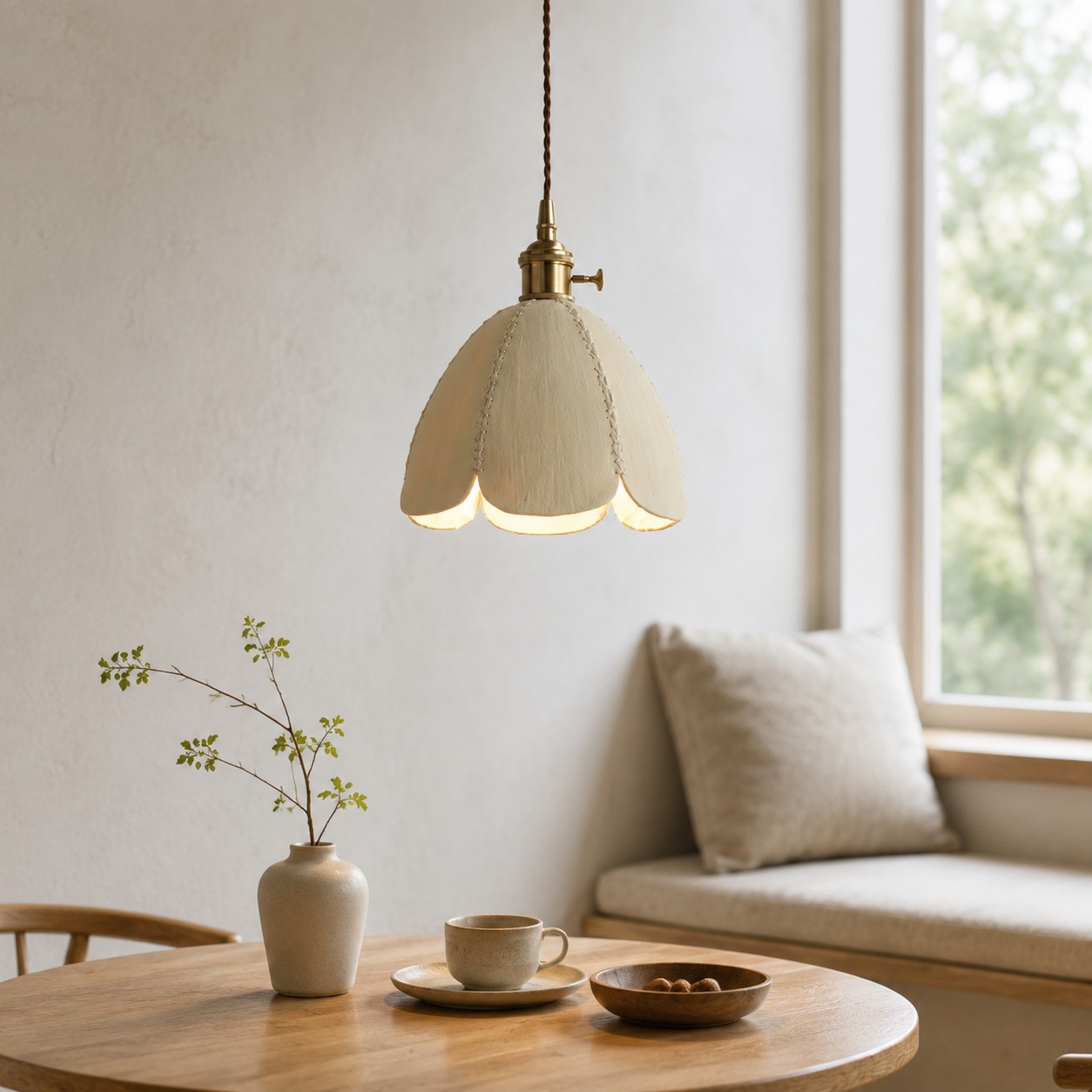 Natural leather petal pendant light beside a bright table setting