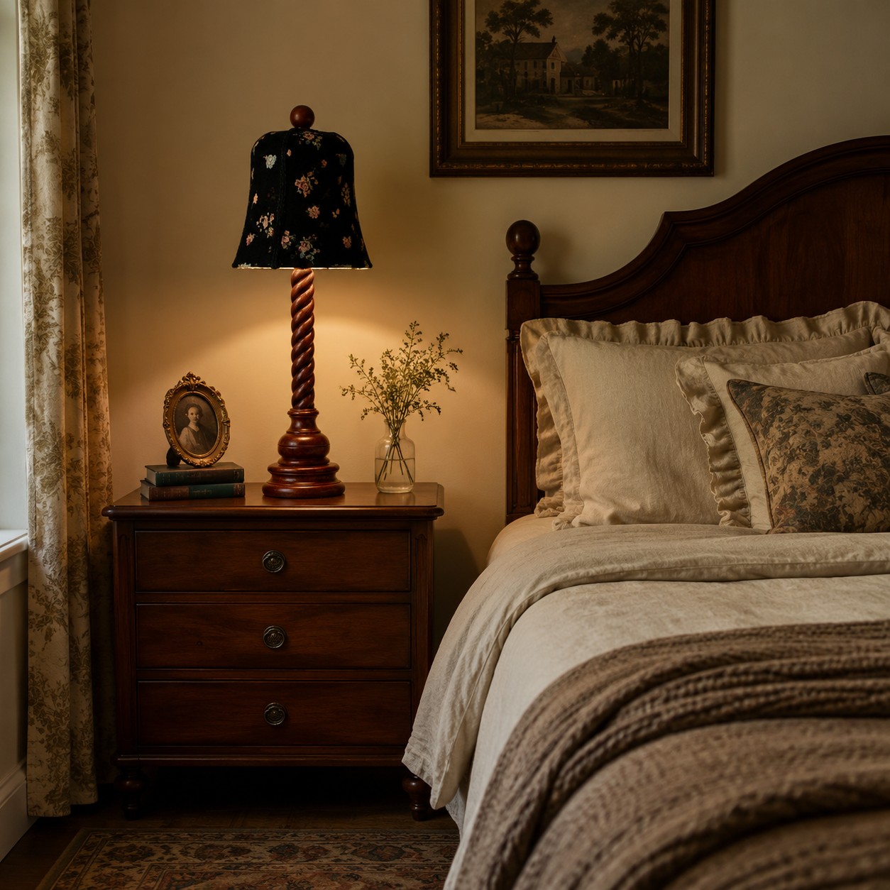 floral fabric and carved wood table lamp