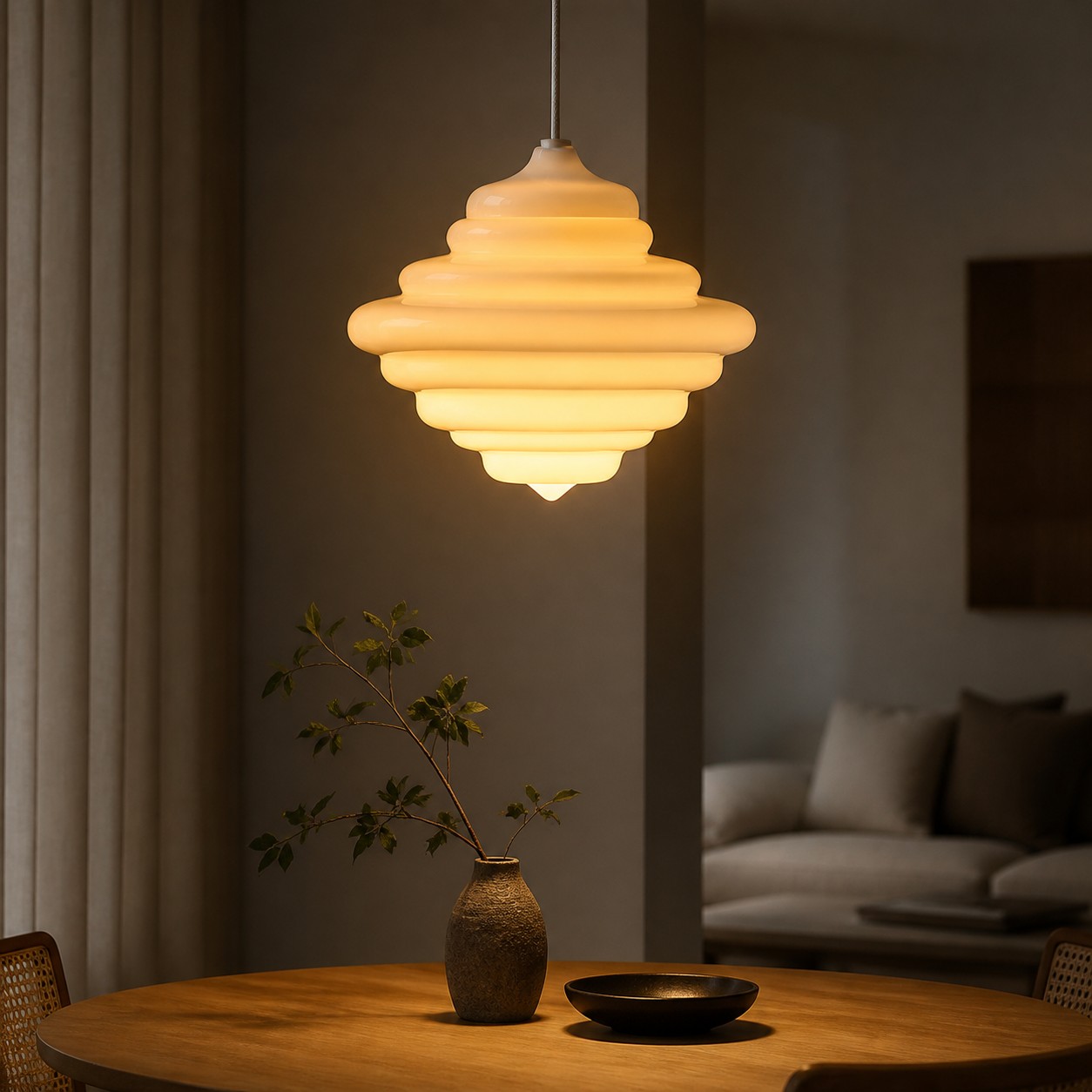 White glass pendant light over table in warm room