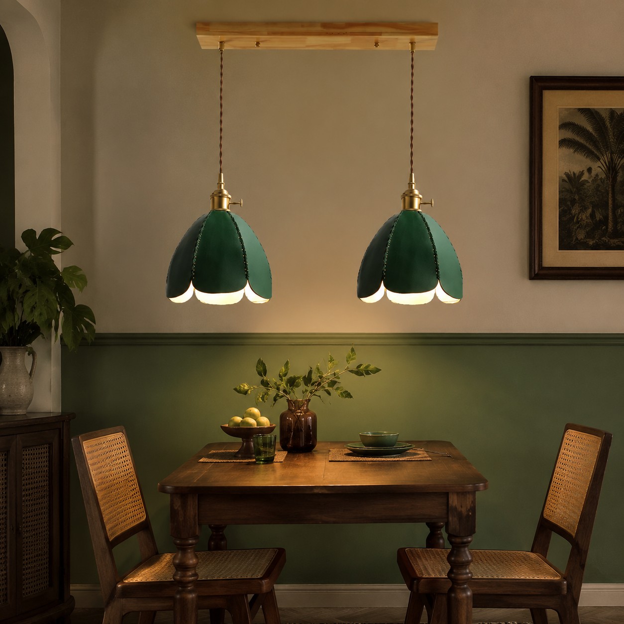 Green linear leather pendant light over a dining table