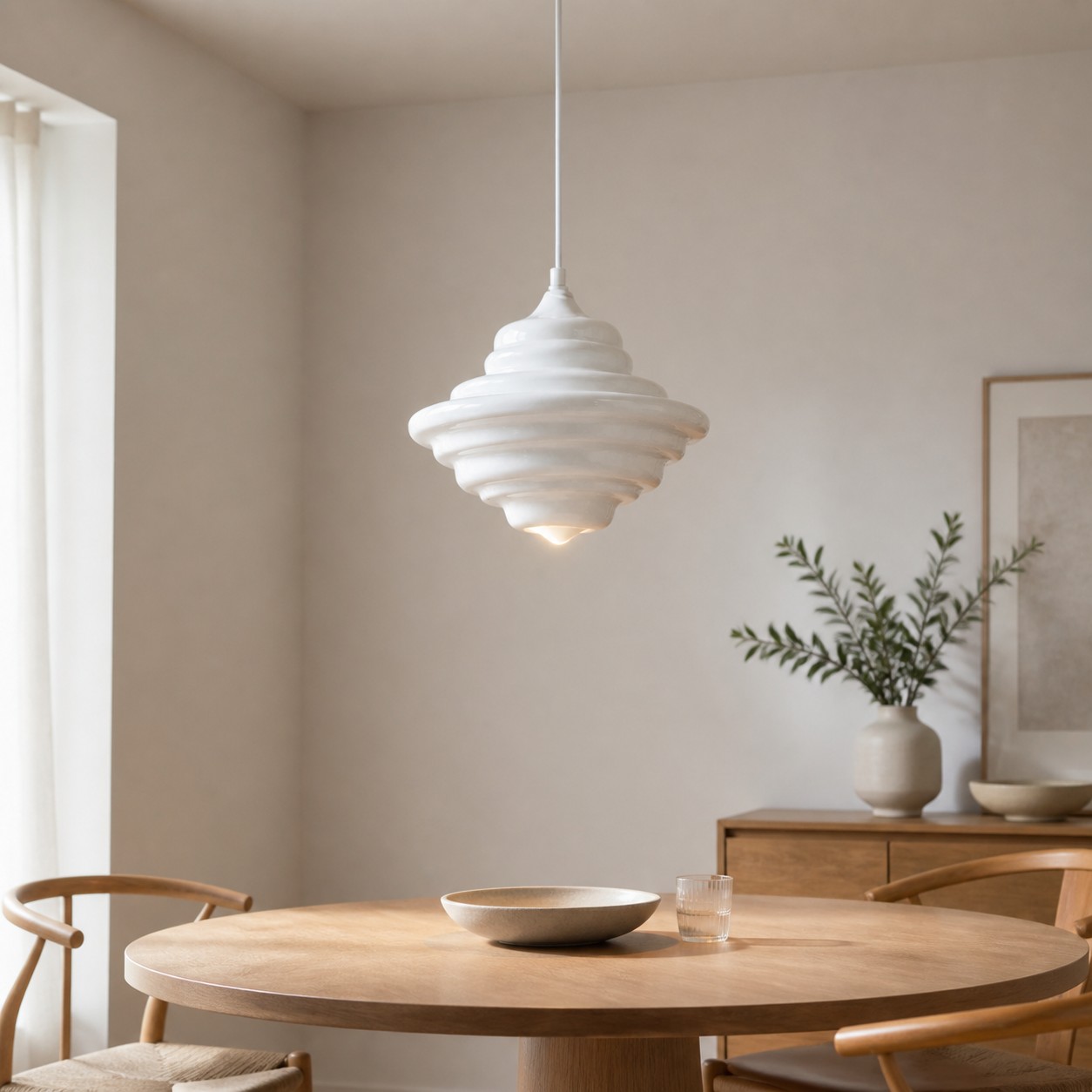 White glass pendant light in a bright dining room