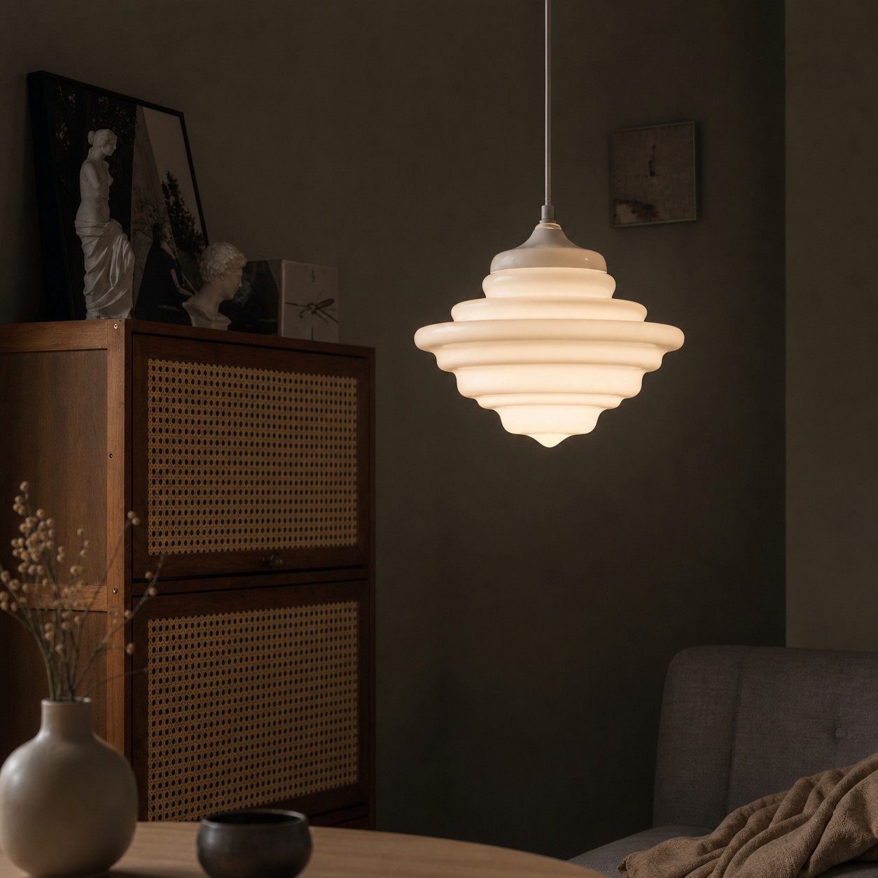 White glass pendant light in bedroom corner