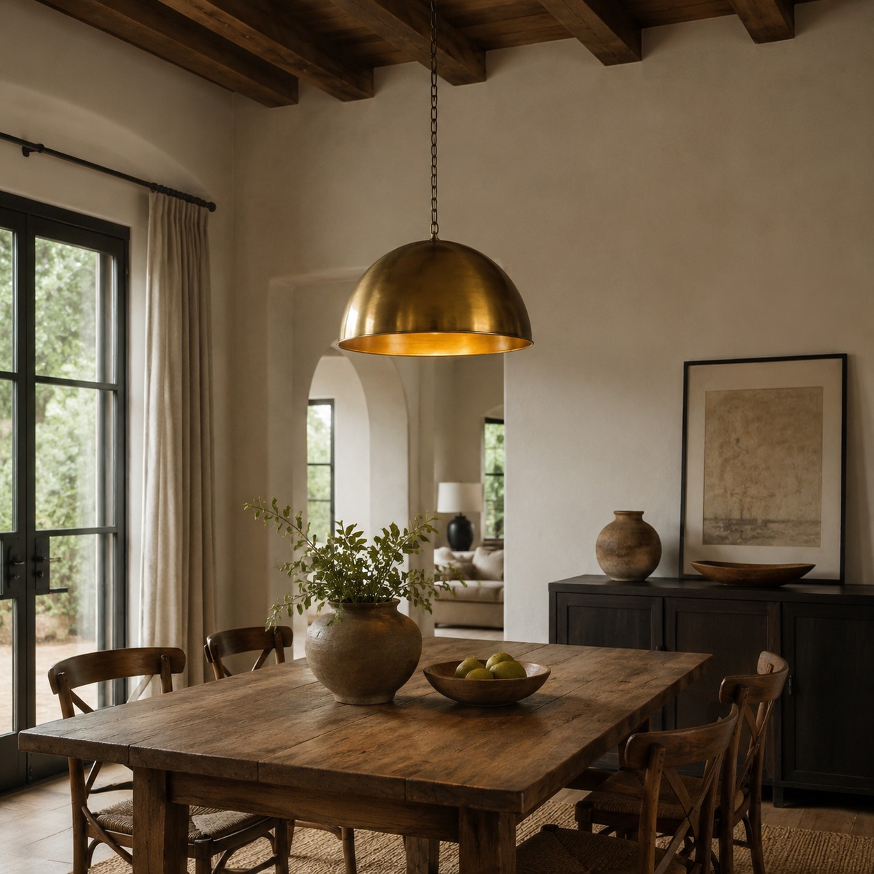 Brass dome pendant light in a dining room with wood furniture