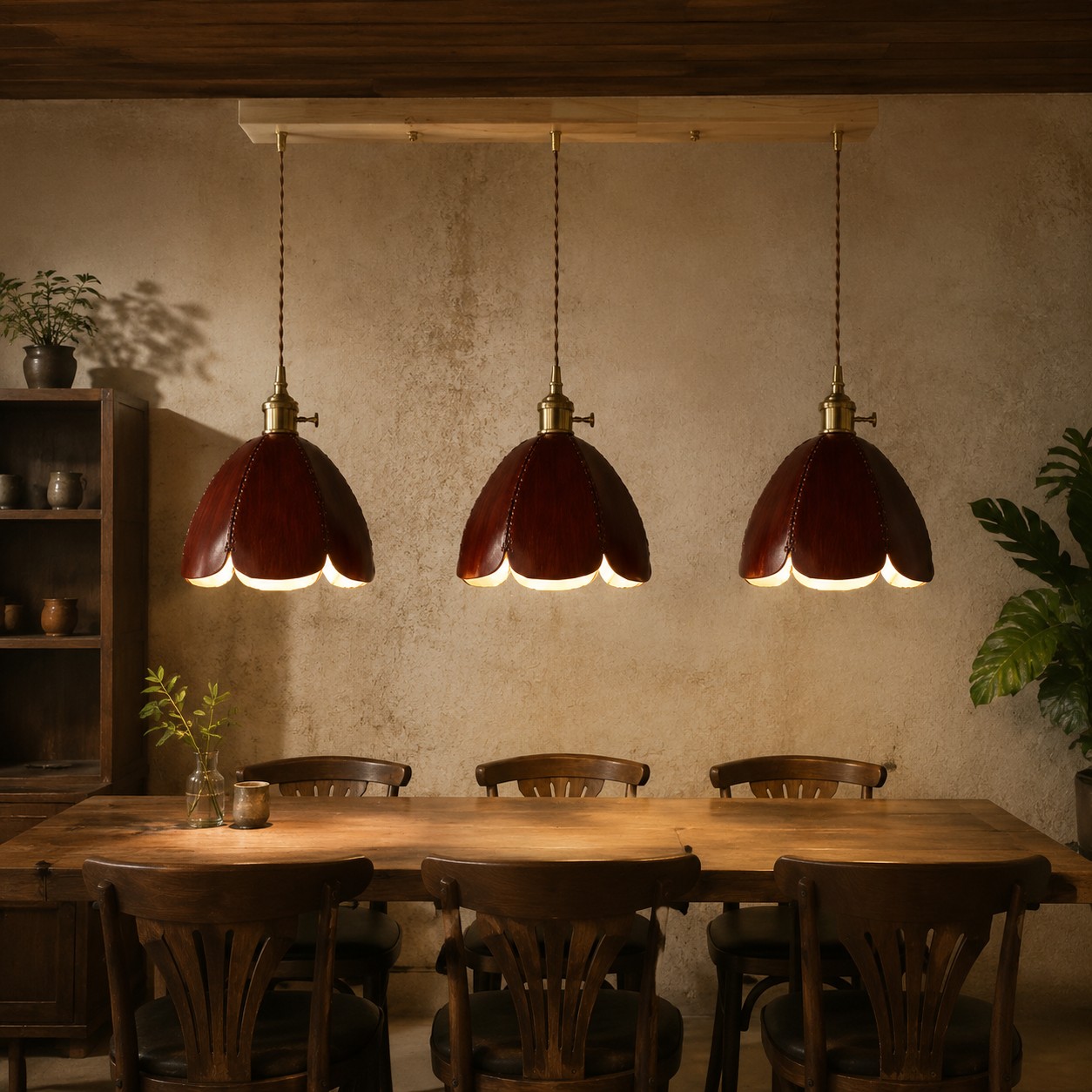 Three brown leather pendant lights in a restaurant setting