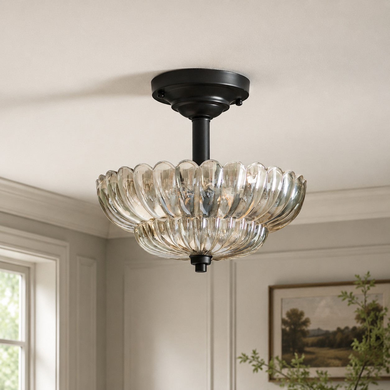Fluted glass semi-flush ceiling light installed in a bright room