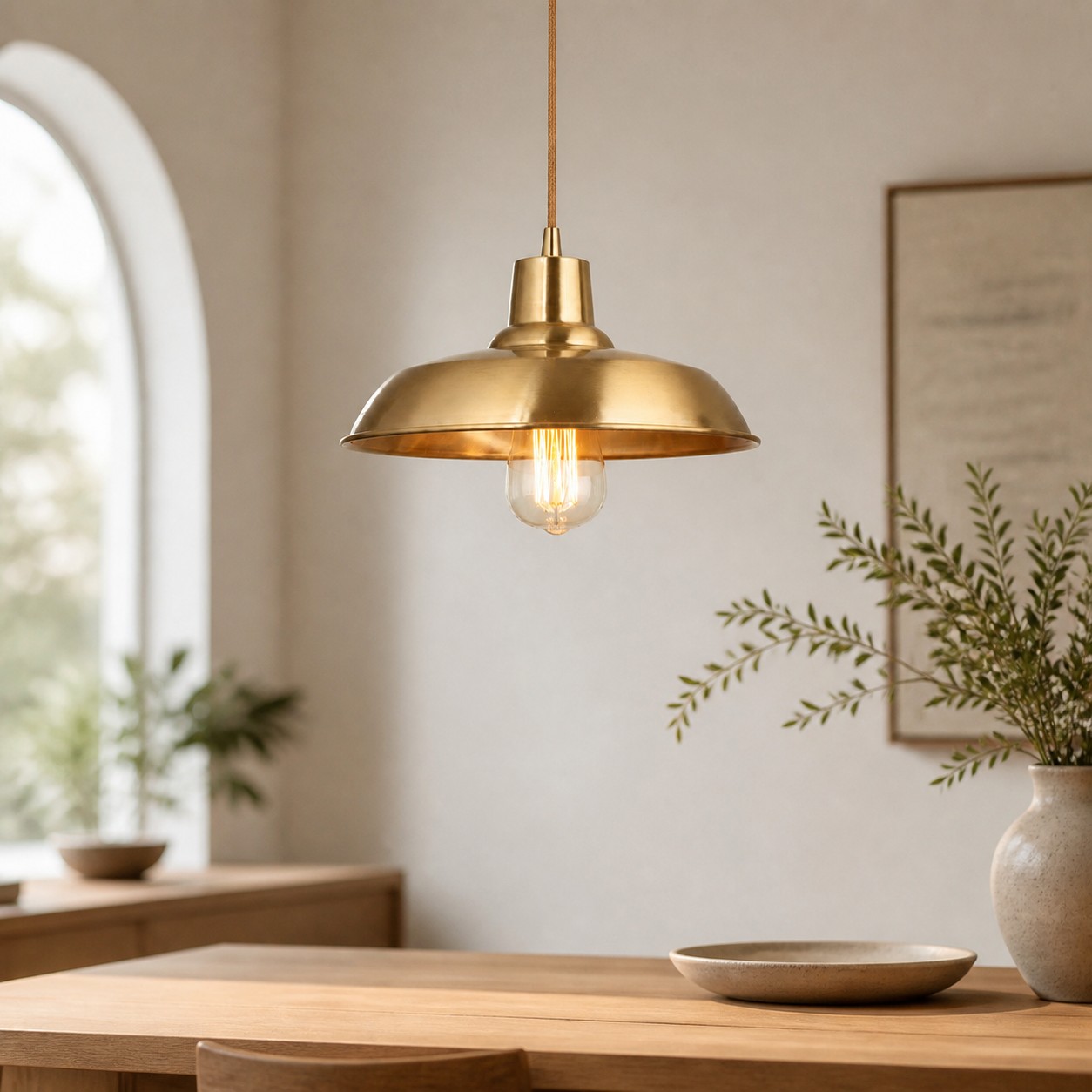 Brass pendant light in a warm interior scene