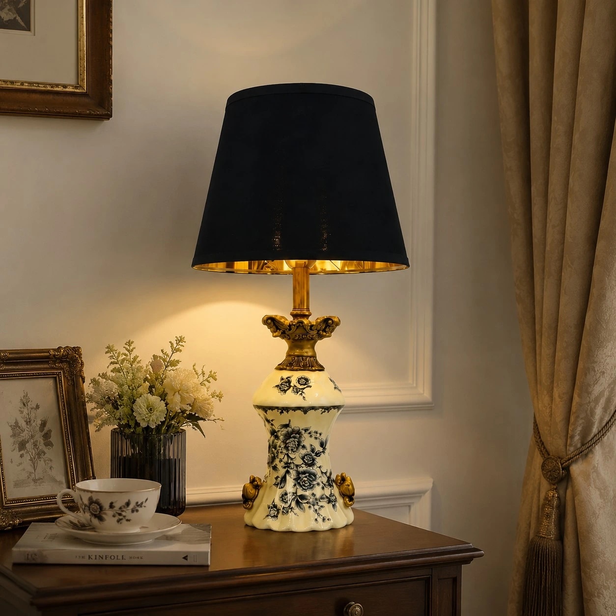 Blue porcelain motif table lamp on a classic side table
