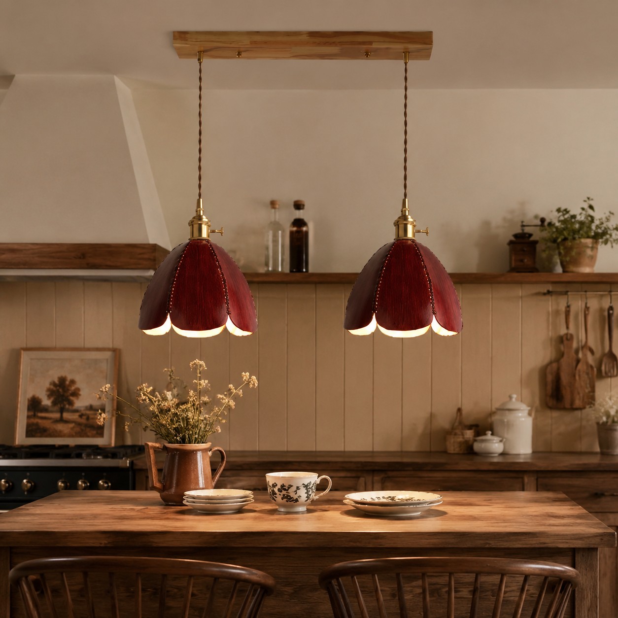 Two brown leather pendant lights above a dining table