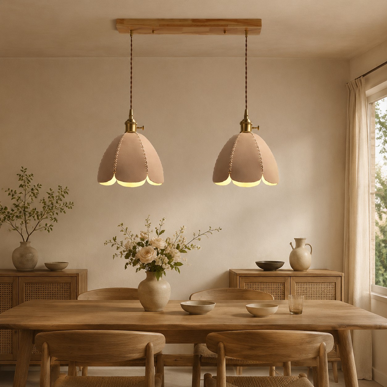 Two natural leather pendant lights above a dining table