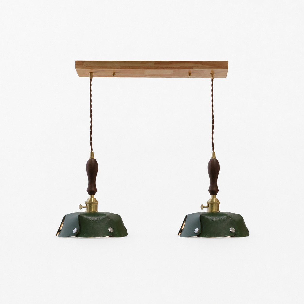 2-Light Linear Pendant Deep Green Leather Bar 50 cm / 19.7 in; Shade Dia. 30 cm / 11.8 in