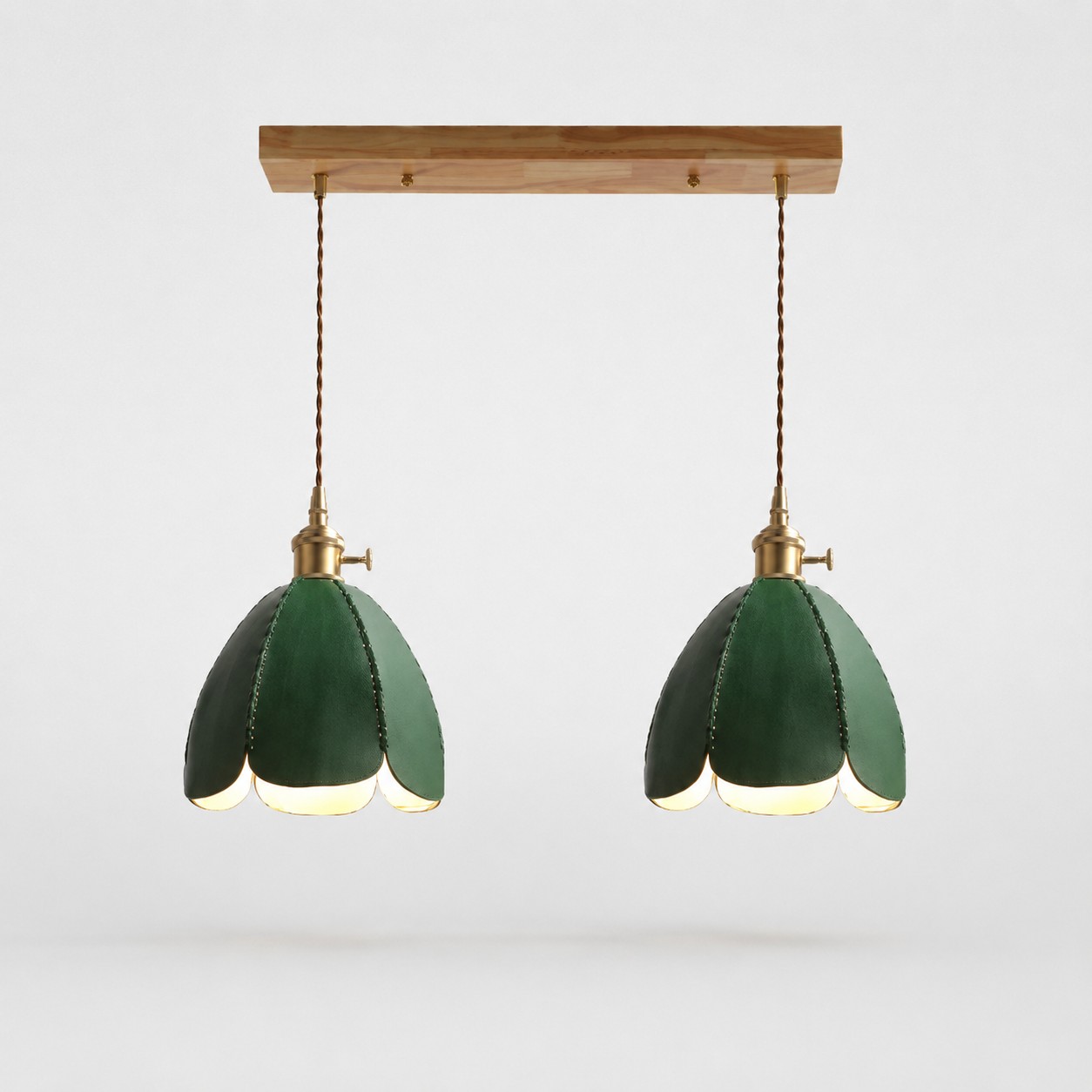 Two-light green leather linear pendant