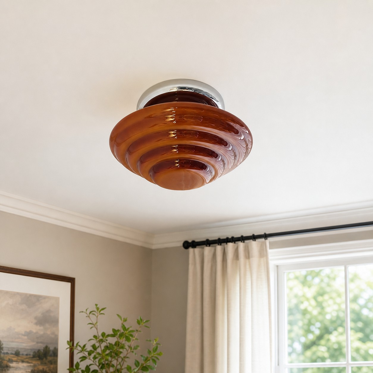 amber glass G9 ceiling light installed in a corridor