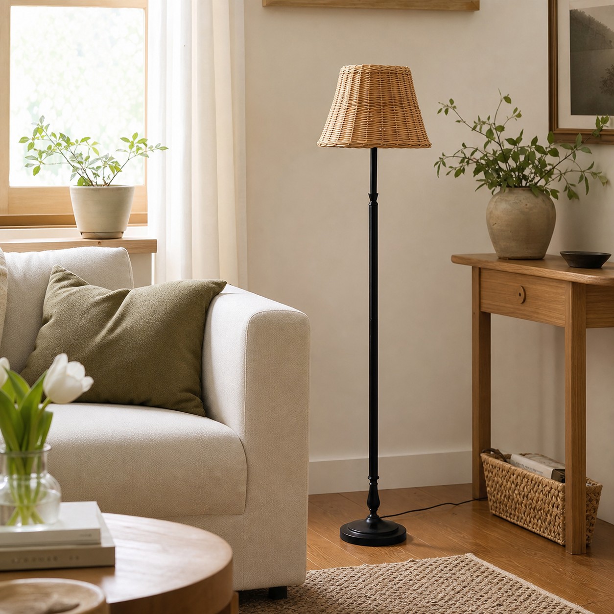 Handwoven floor lamp near sofa and window