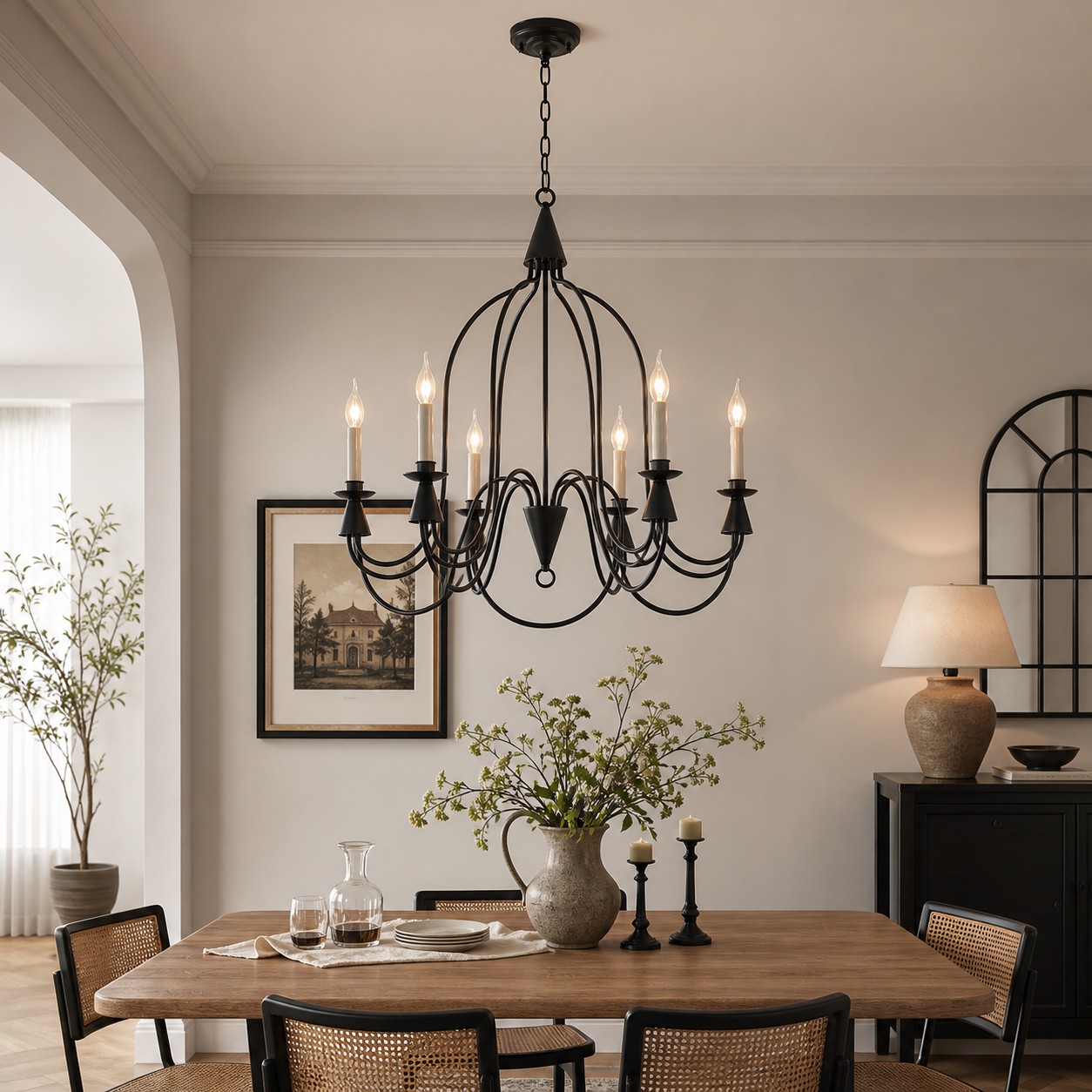 Black six-light candle chandelier in a classic dining room