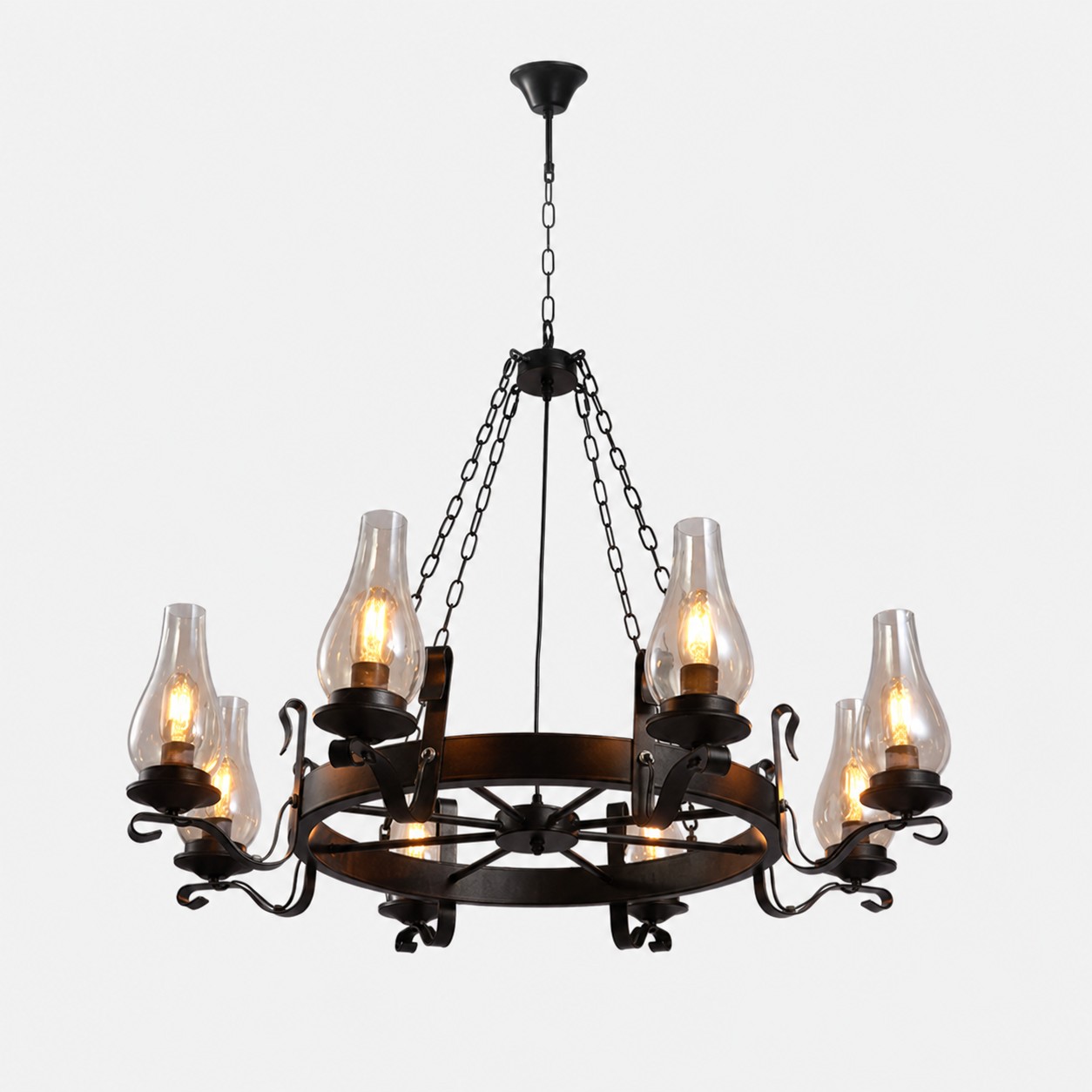 Eight-light wagon wheel chandelier with clear hurricane glass shades