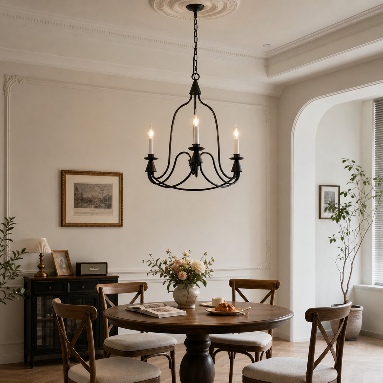 Black three-light candle chandelier above a round dining table