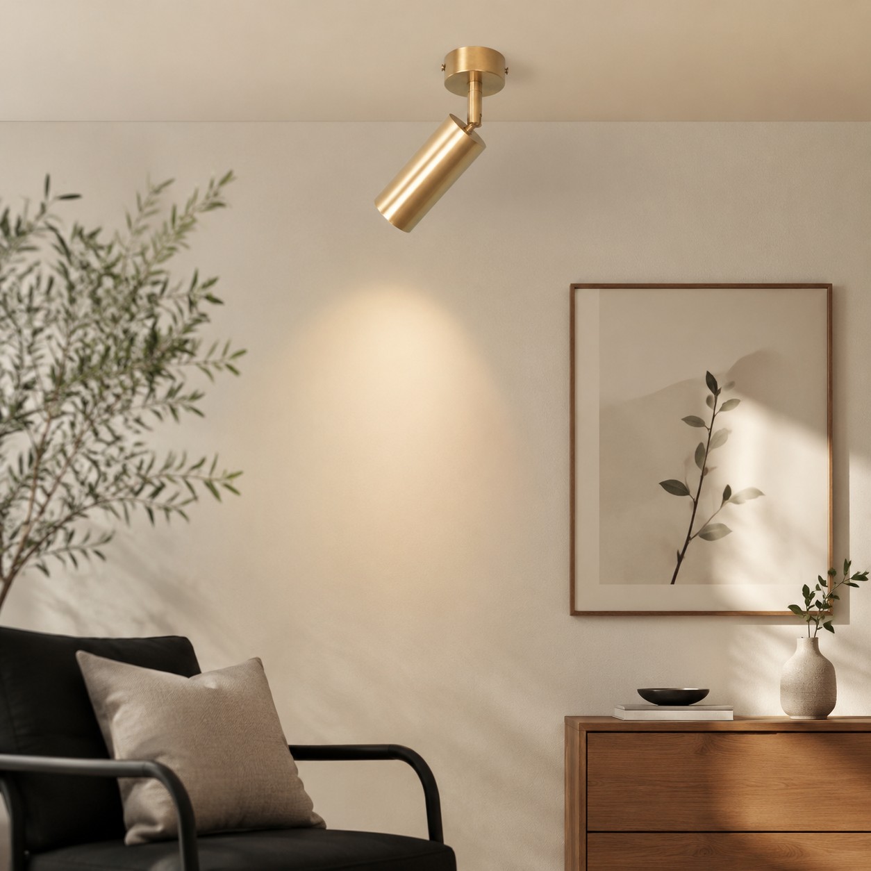 Brass ceiling spotlight in a living room installation scene