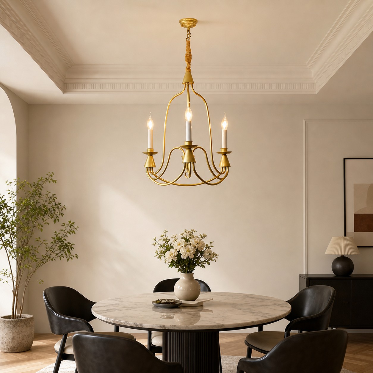 Gold three-light candle chandelier in a bright dining nook