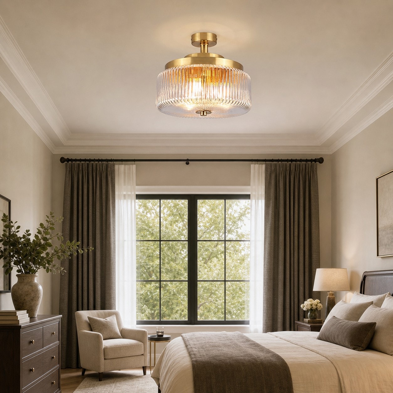 Brass ribbed glass flush mount ceiling lamp in a bedroom