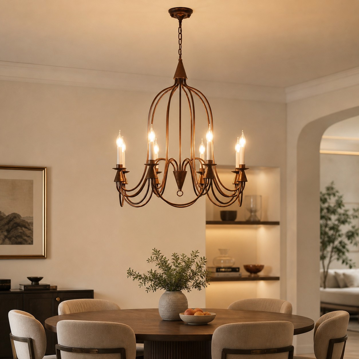 Antique bronze eight-light candle chandelier in a spacious dining room