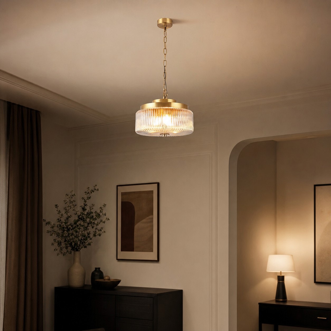 Brass ribbed glass pendant ceiling lamp in a warm room