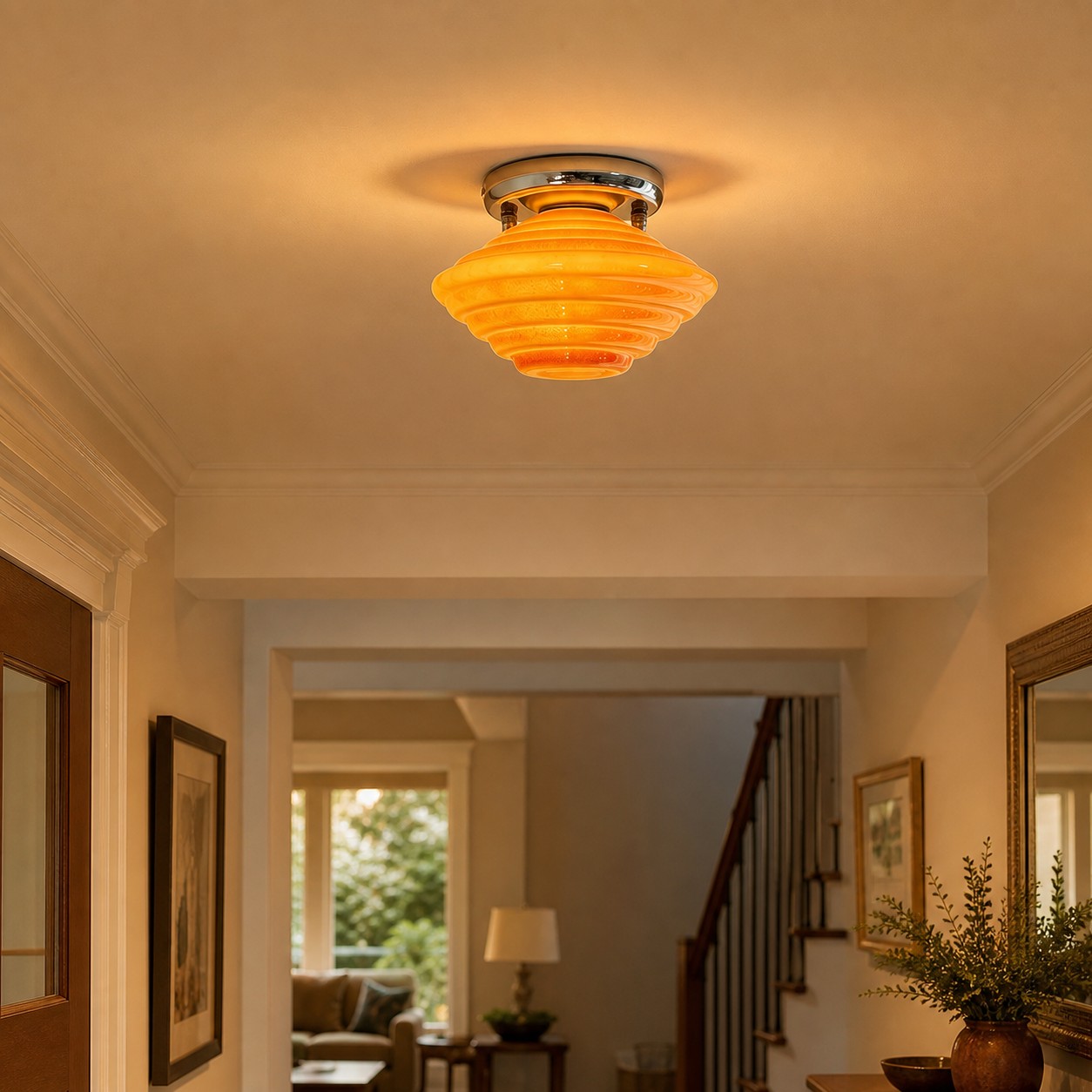 vintage amber glass ceiling light in a warm hallway scene