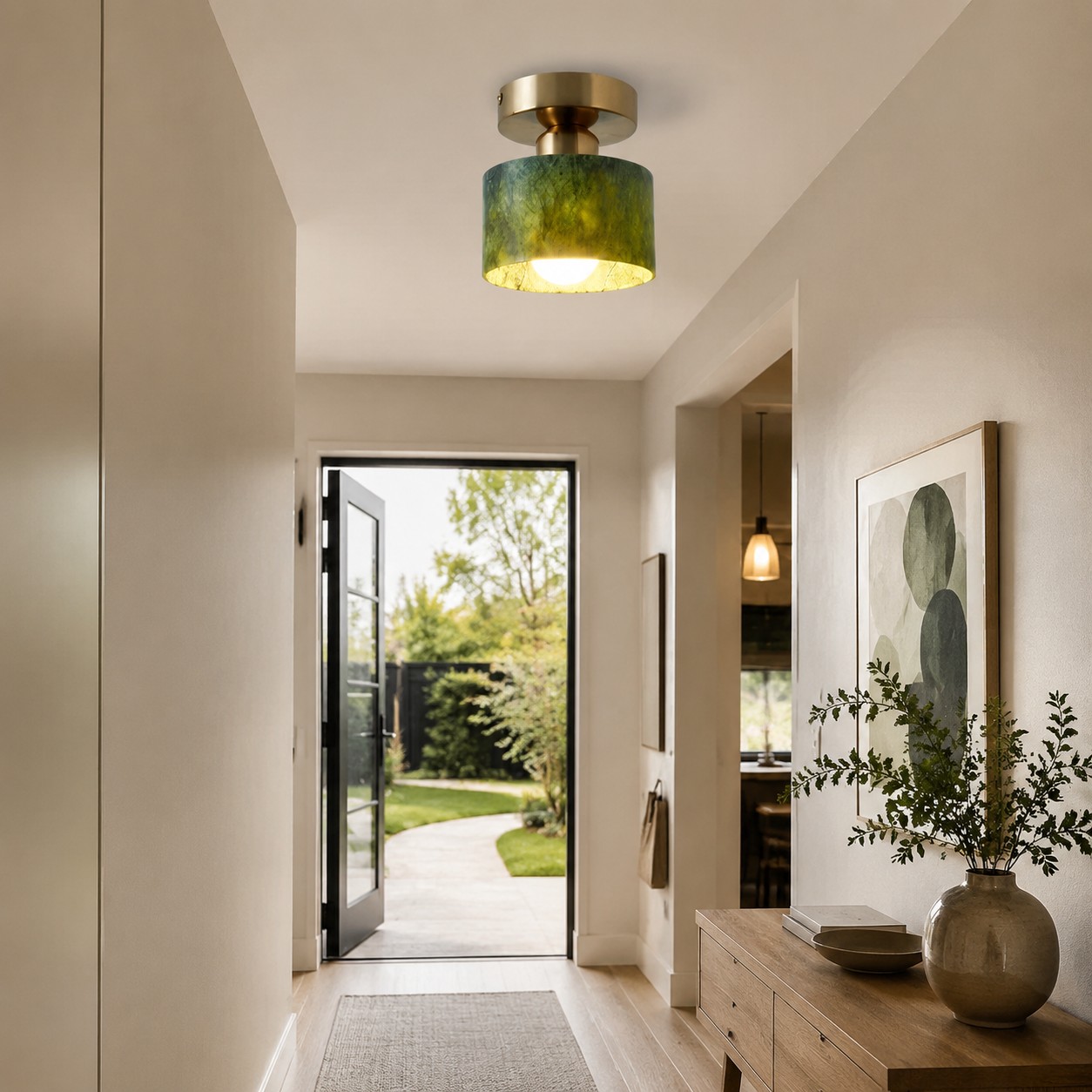 green jade flush mount ceiling light in a corridor