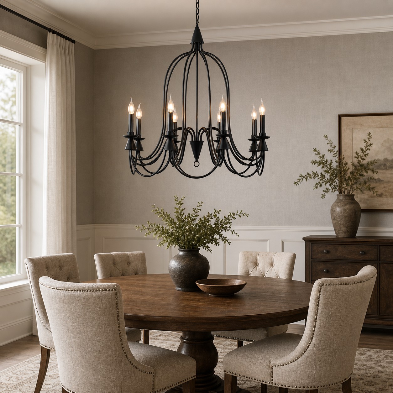 Black eight-light candle chandelier over an oval dining table