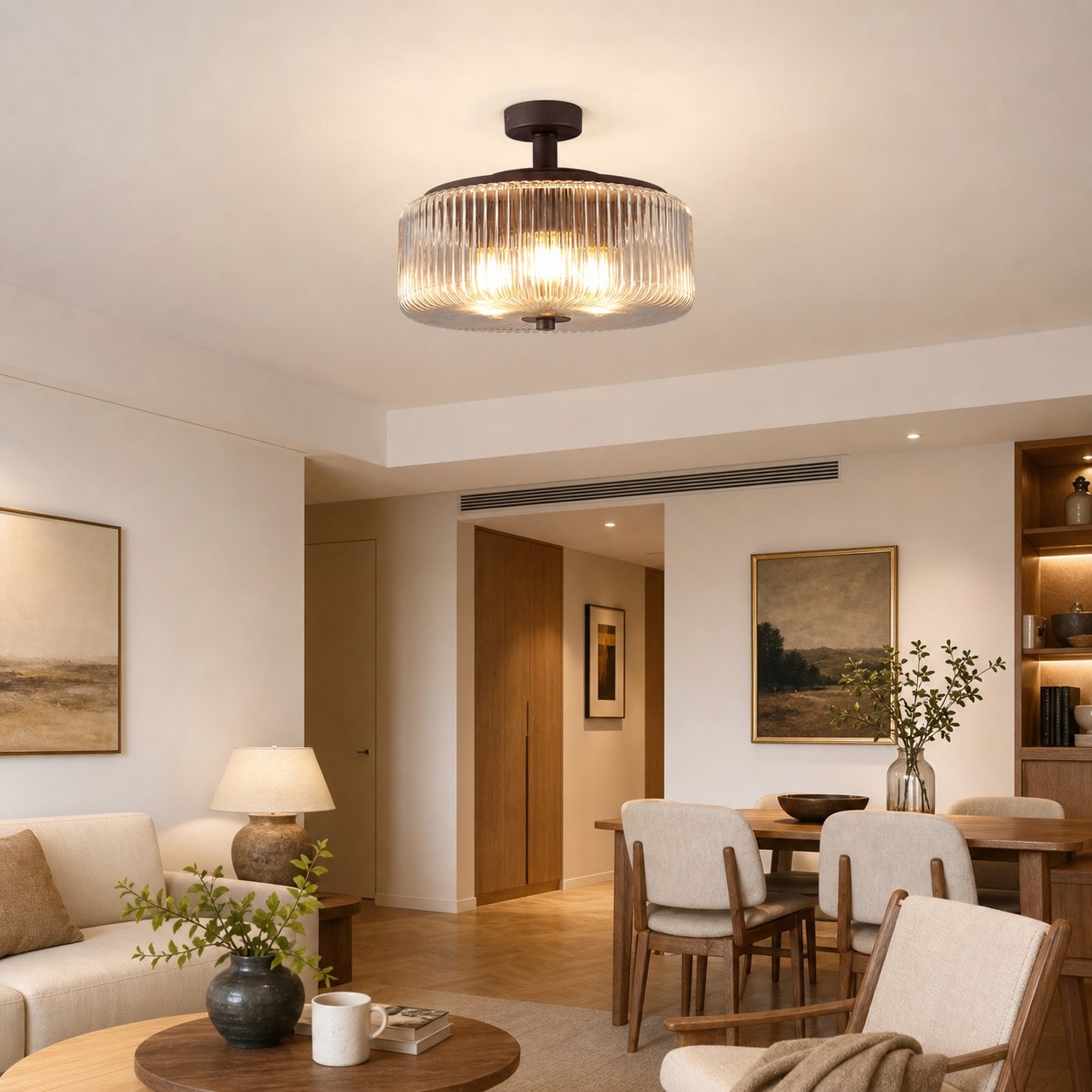 Coffee ribbed glass flush mount ceiling lamp in a living area