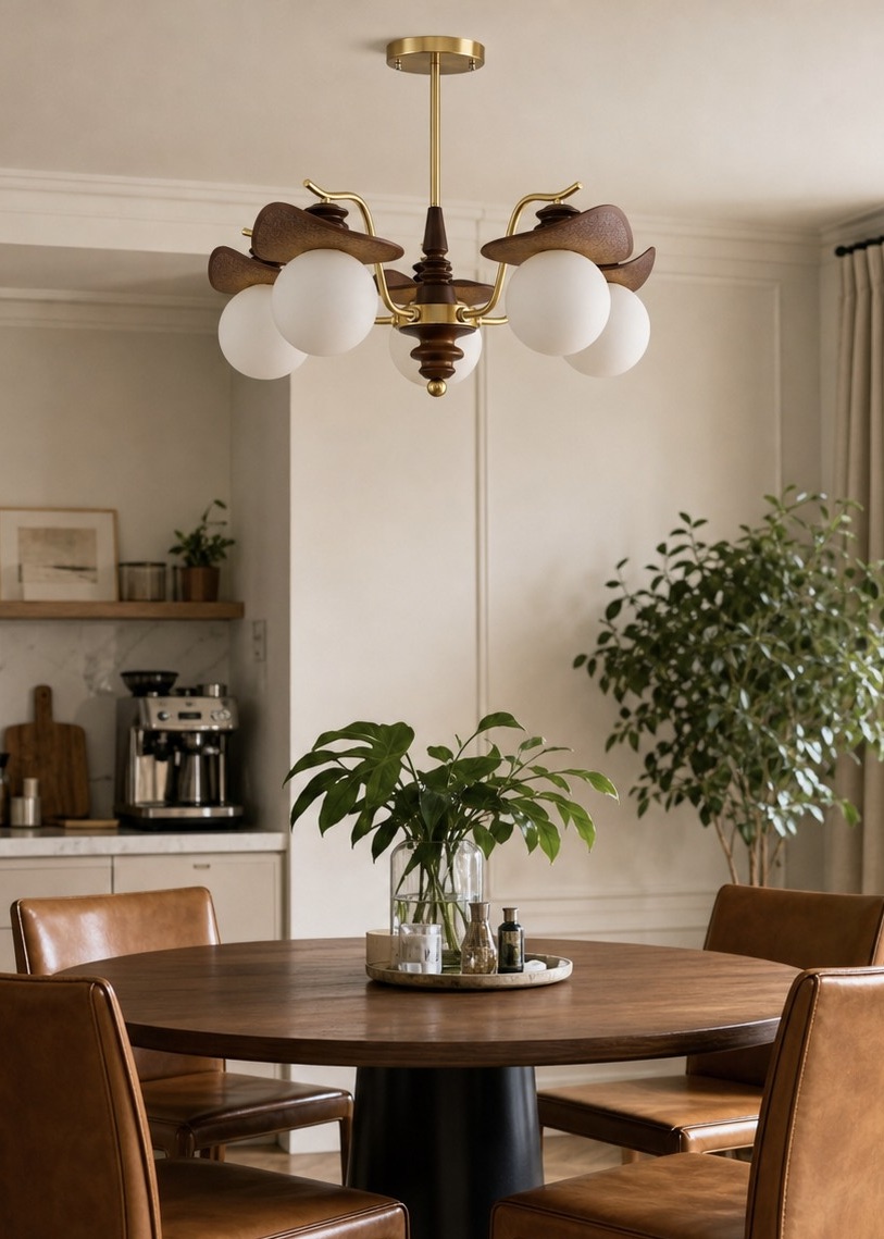 Lustre decorativo escultural Solvane com vários braços numa sala de jantar