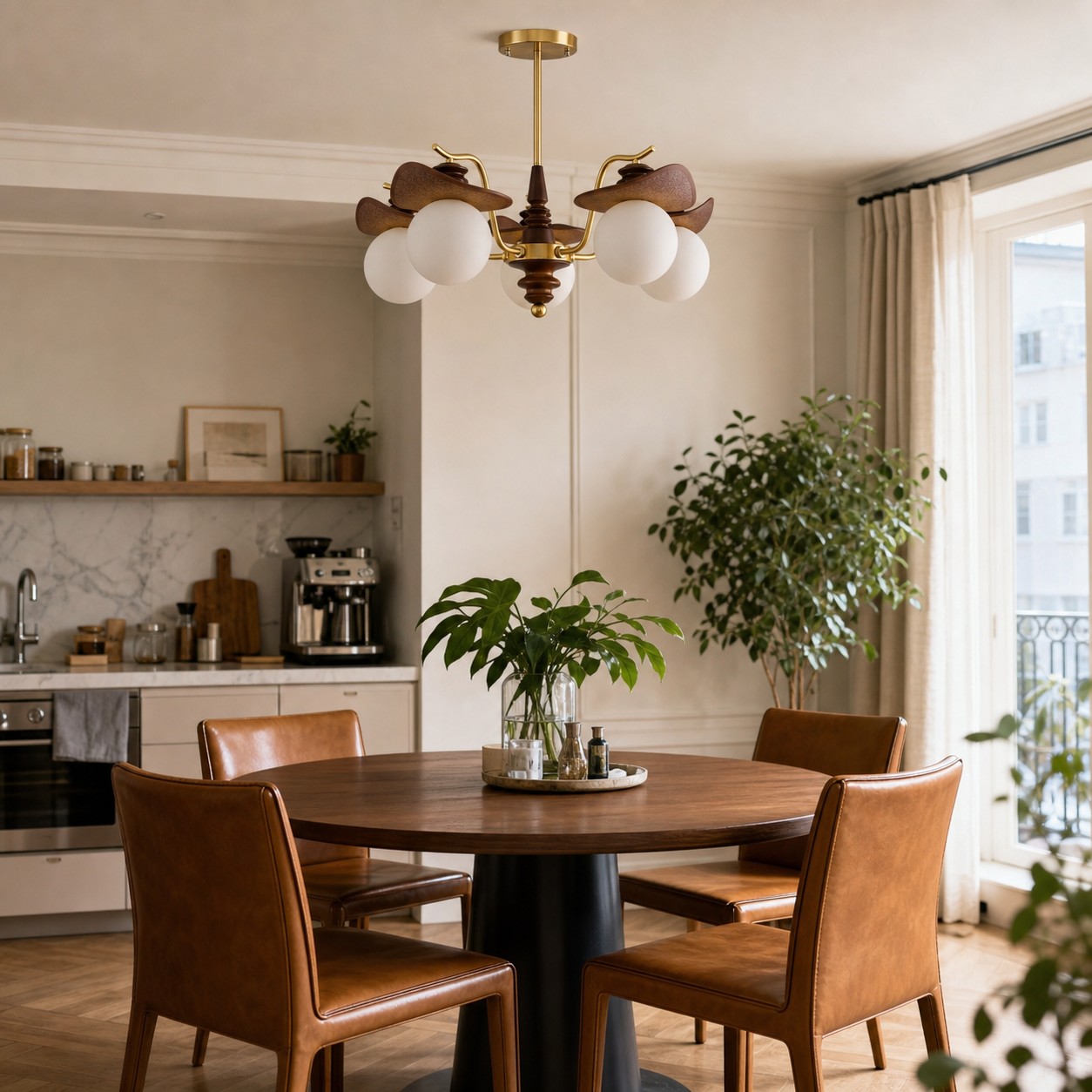 Lustre decorativo escultural Solvane com vários braços numa sala de jantar