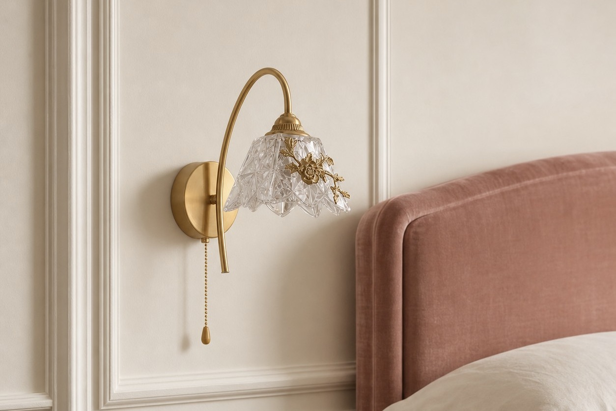 Aplique de parede floral francês em latão ao lado de uma cama