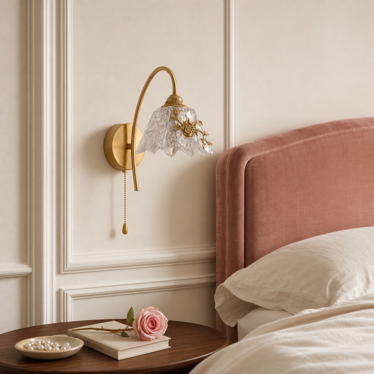 Aplique de parede floral francês em latão ao lado de uma cama