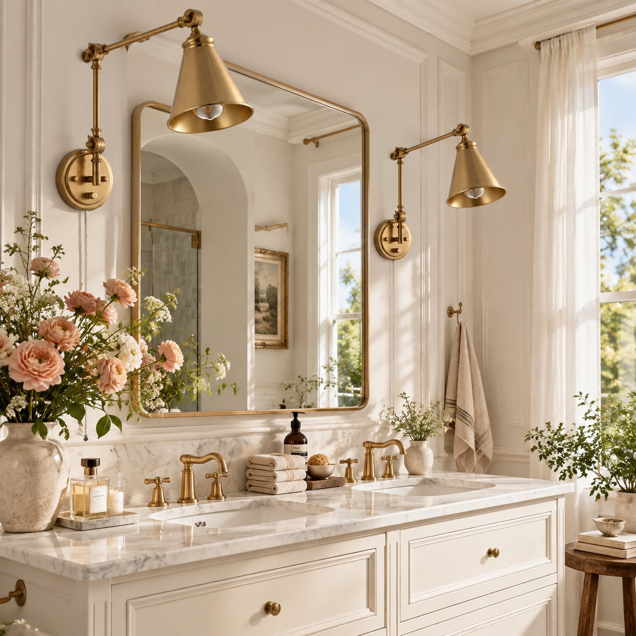 Two gold swing-arm sconces beside a bathroom mirror