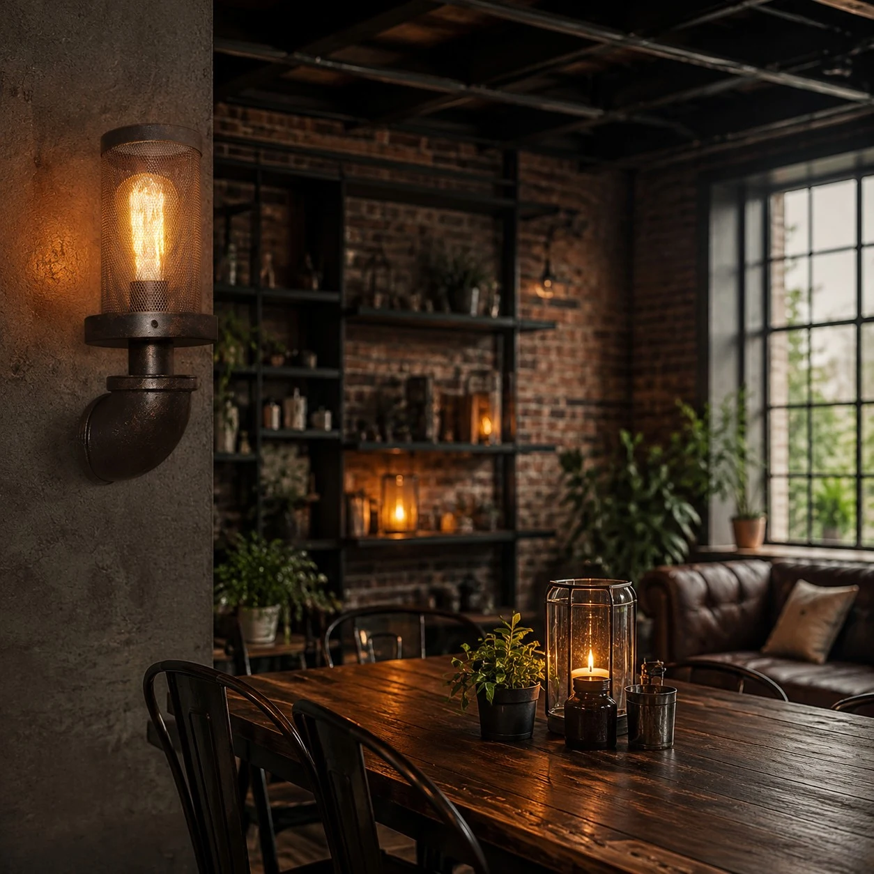 Applique industriale ruggine che illumina una sala da pranzo loft