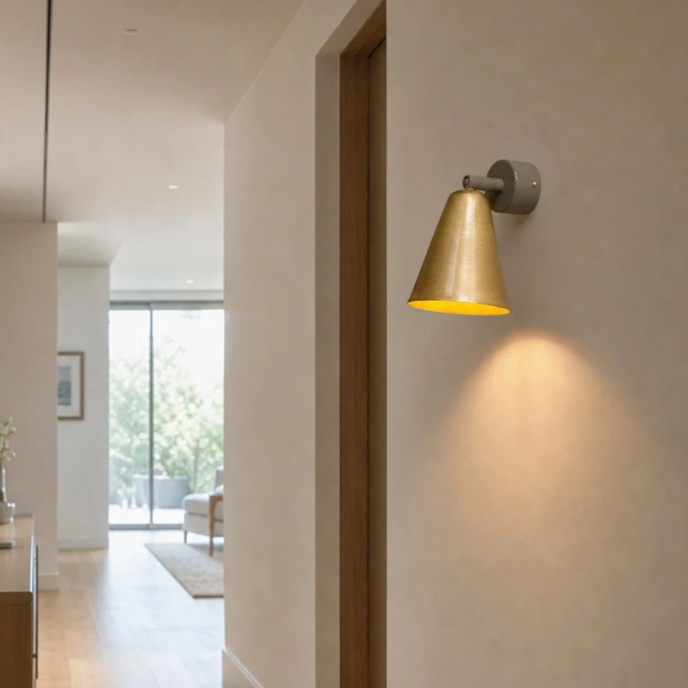 Brass cone wall lamp installed in interior
