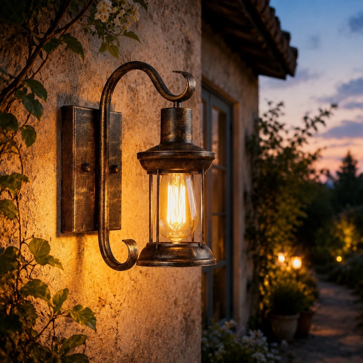 Antike bronzene Außenwandlaterne, die in der Abenddämmerung neben einer Eingangswand leuchtet