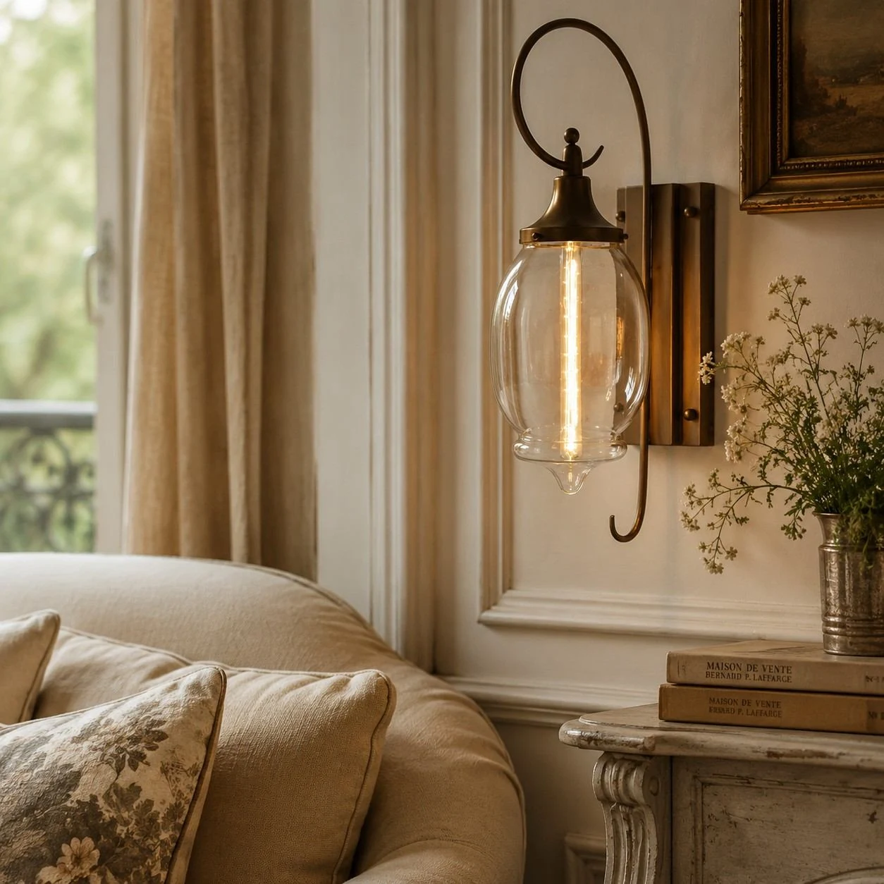 Glazen wandlamp geïnstalleerd in een warme woonkamer.