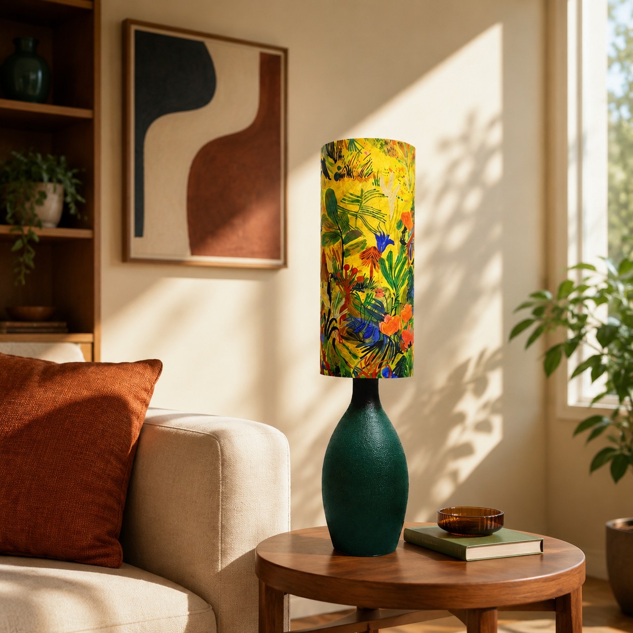 Żółto-zielona lampa stołowa w kwiaty ustawiona obok sofy