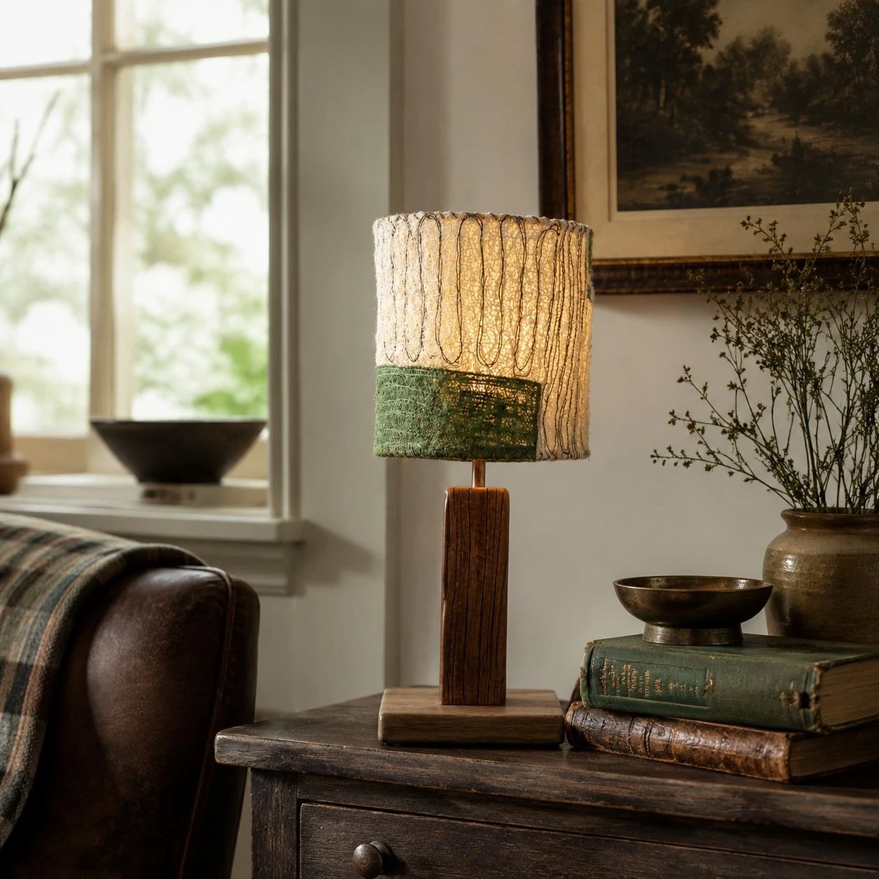 Eine Tischlampe aus Luffafasern leuchtet in einem warmen Wohnzimmer.