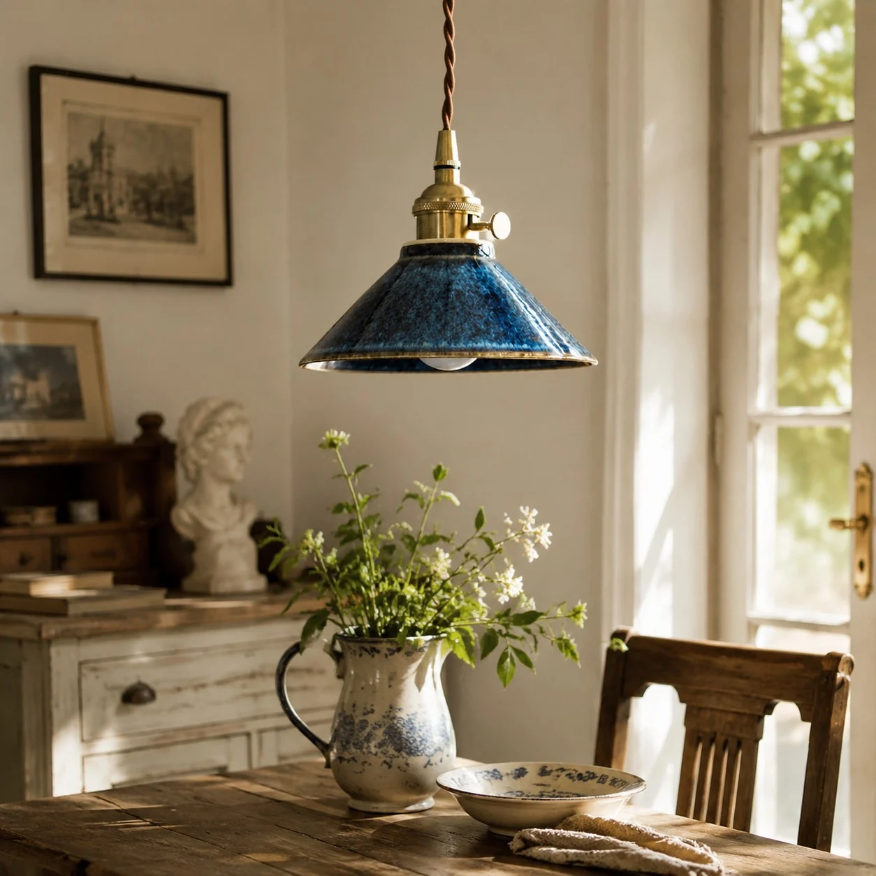 Lámpara colgante de cerámica azul sobre una mesa de té antigua cerca de una ventana.