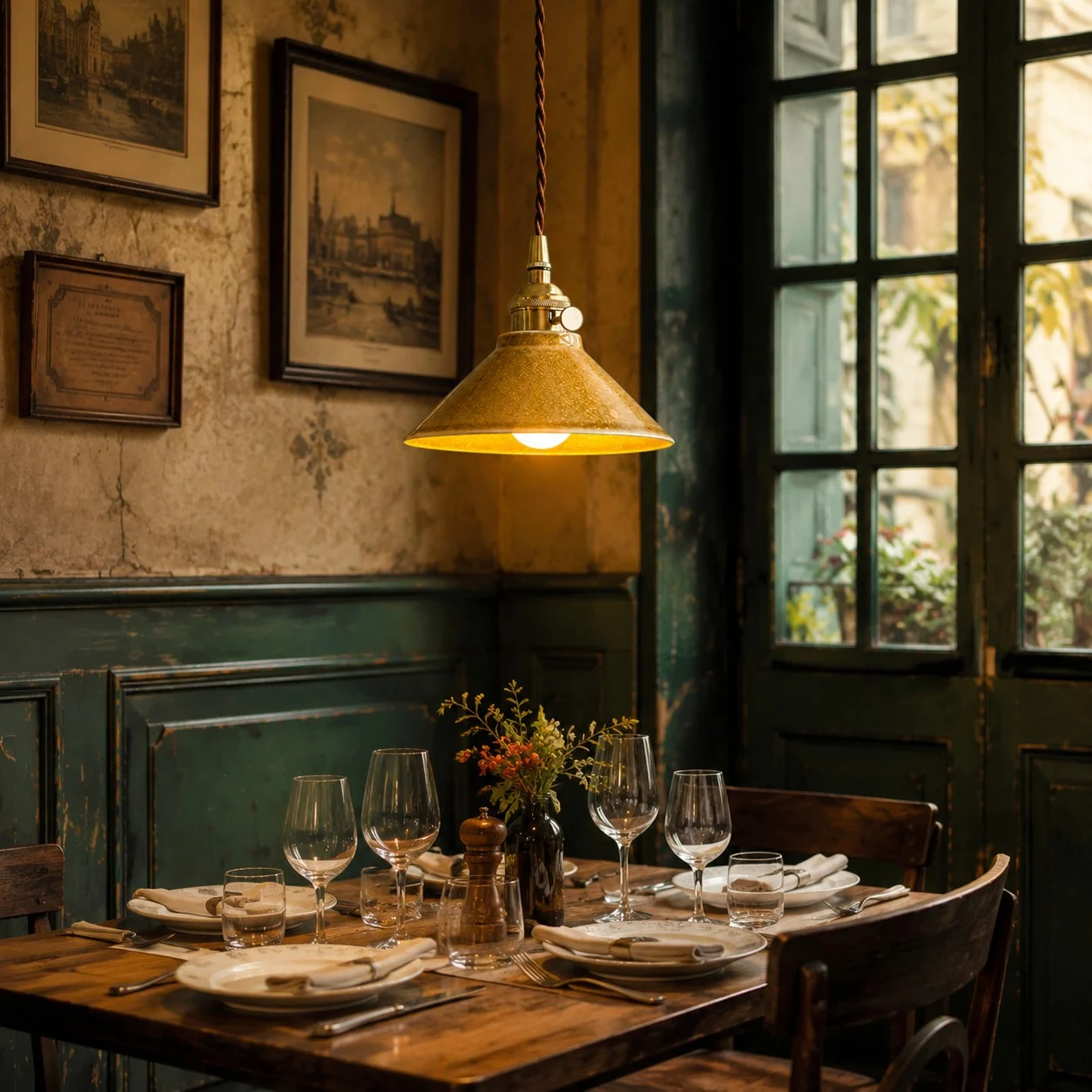 Lámpara colgante de cerámica esmaltada amarilla sobre una mesa de restaurante de estilo vintage.