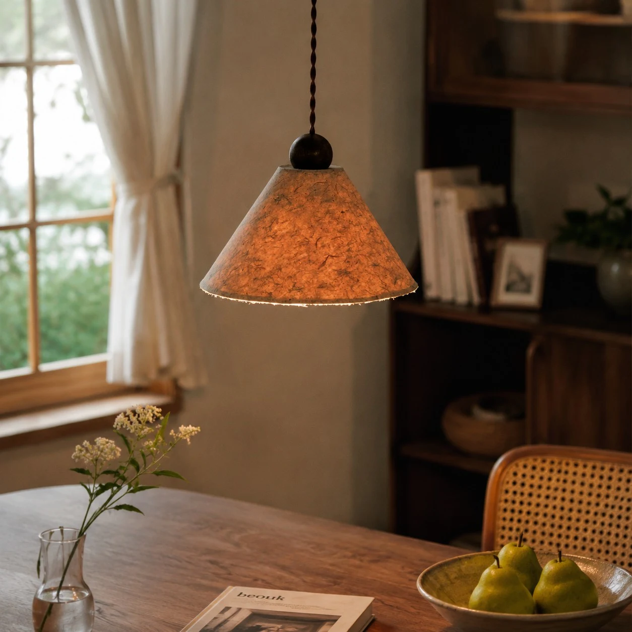 Suspension en papier naturel aux tons chauds installée au-dessus d'une table à manger